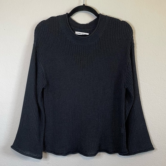 Elizabeth and James Pullover Crewneck Black Chunky Knit Bell Sleeve Sweater Sz L - Picture 1 of 9